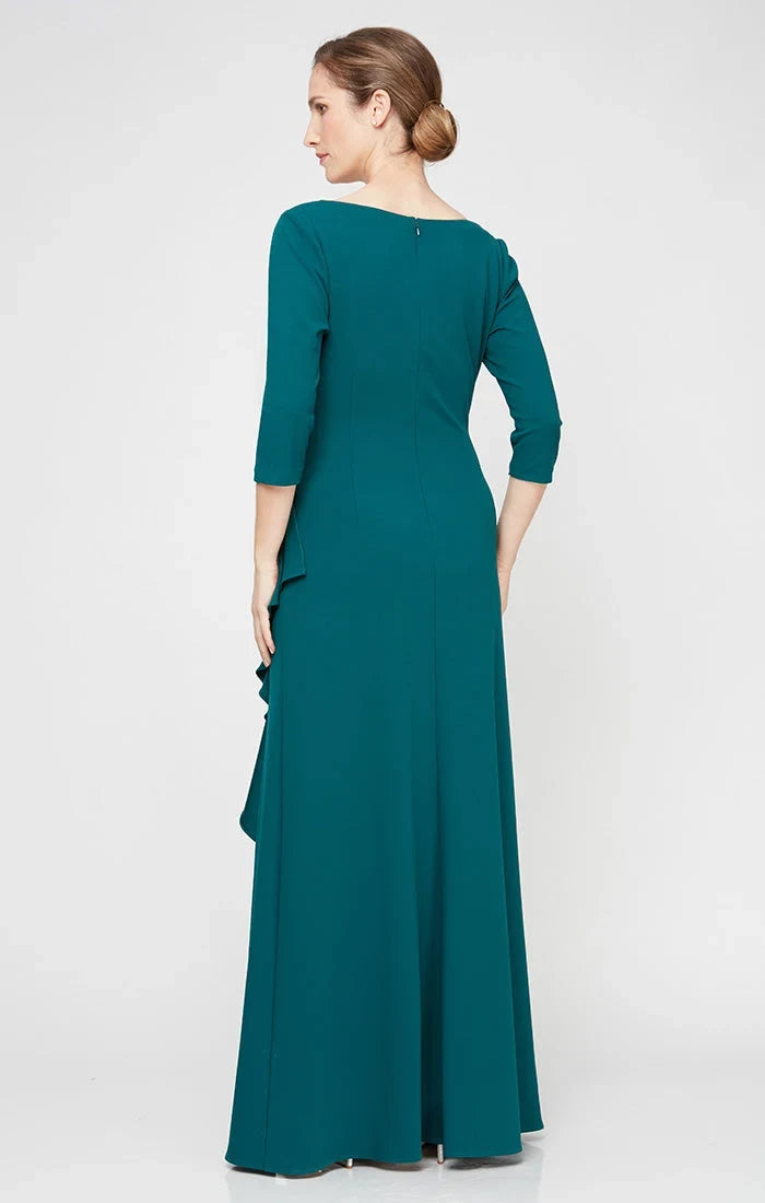 Elegant Column V-Neck 3/4-Sleeve Ruched Ruffled Teal Maxi Mother-of-the-Bride Women Dress