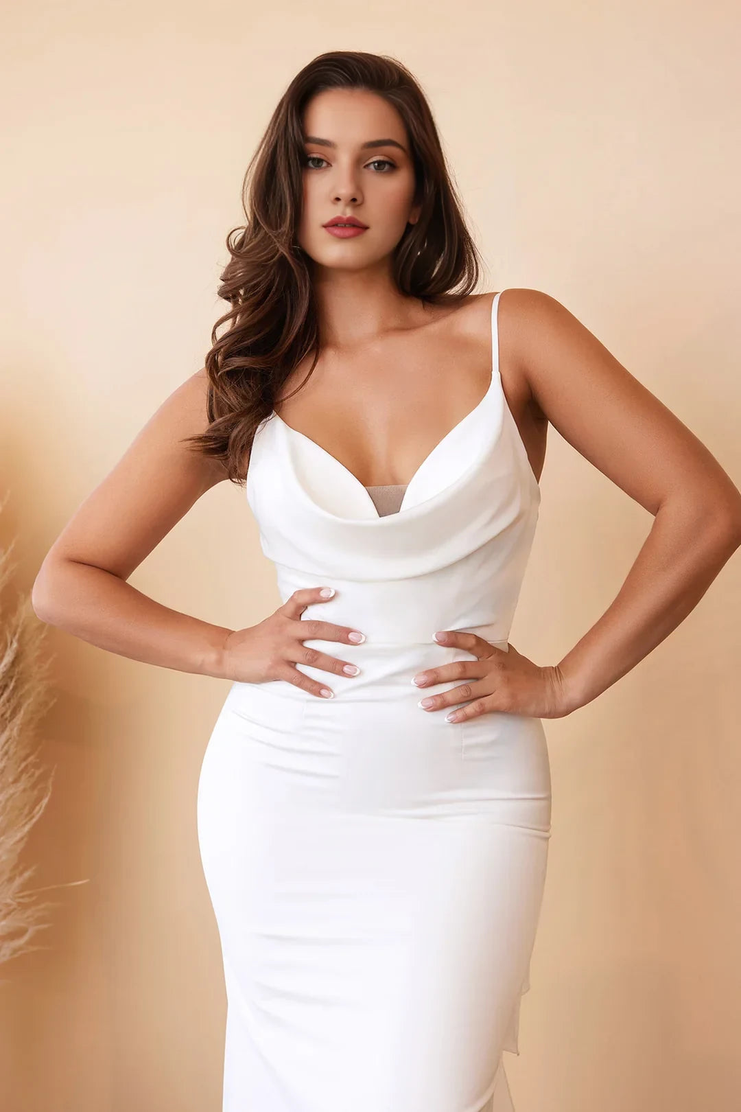 Elegant Cowl Neck Sleeveless Backless Bow White Floor-Length Mermaid Wedding Gown