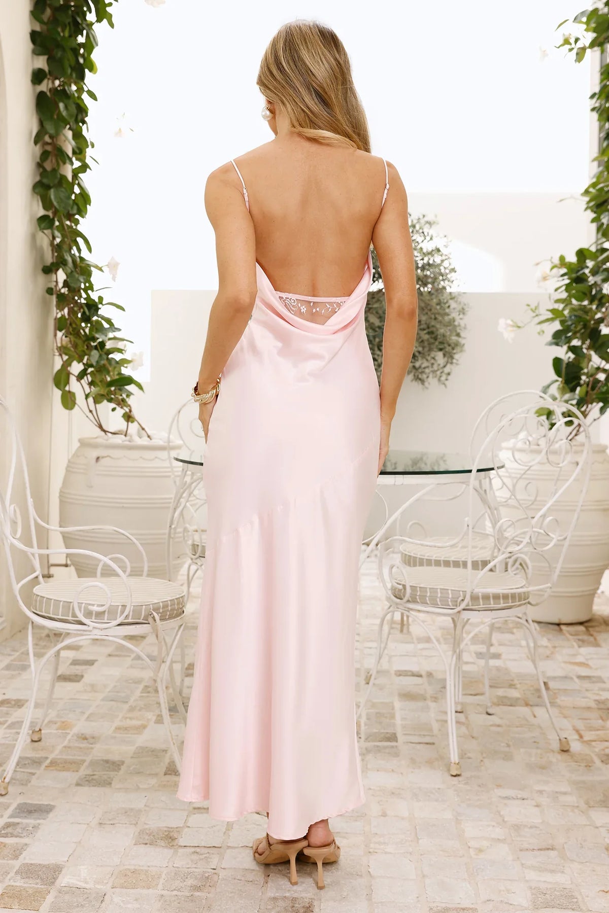 Elegant Cowl Neck Sleeveless Lace Backless Blush Pink Floor-Length Prom Dress
