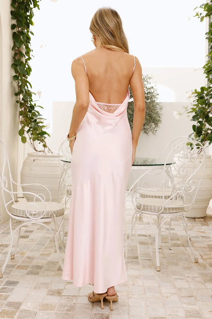 Elegant Cowl Neck Sleeveless Lace Backless Blush Pink Floor-Length Prom Dress