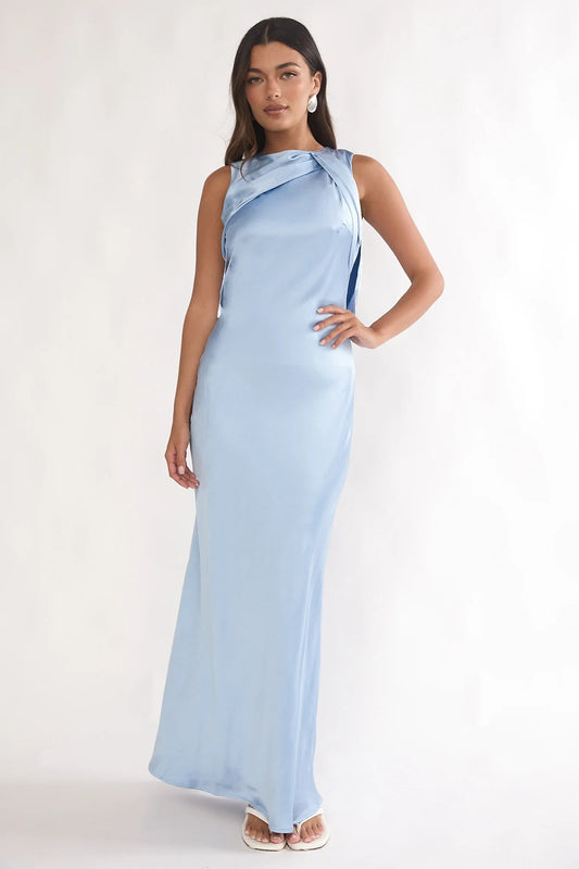 Elegant Cowl Neck Sleeveless Sheath Dusty Blue Floor-Length Prom Gown