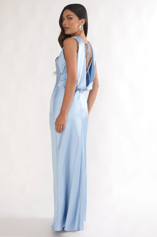 Elegant Cowl Neck Sleeveless Sheath Dusty Blue Floor-Length Prom Gown