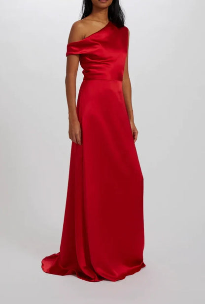 Elegant Draped A-Line One-Shoulder Red Floor-Length Bridesmaid Dress Women's Gown