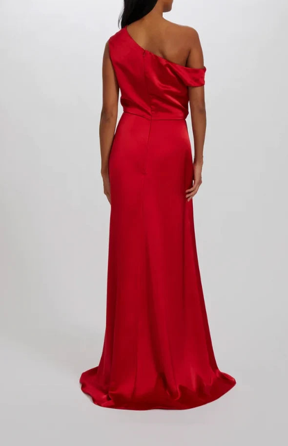 Elegant Draped A-Line One-Shoulder Red Floor-Length Bridesmaid Dress Women's Gown