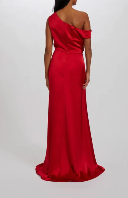 Elegant Draped A-Line One-Shoulder Red Floor-Length Bridesmaid Dress Women's Gown