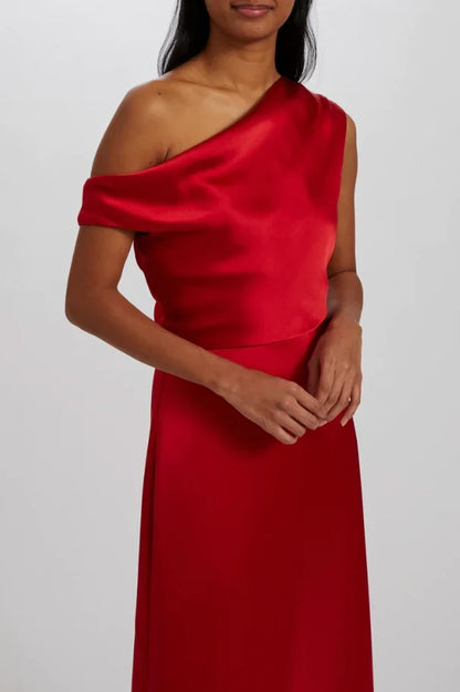 Elegant Draped A-Line One-Shoulder Red Floor-Length Bridesmaid Dress Women's Gown
