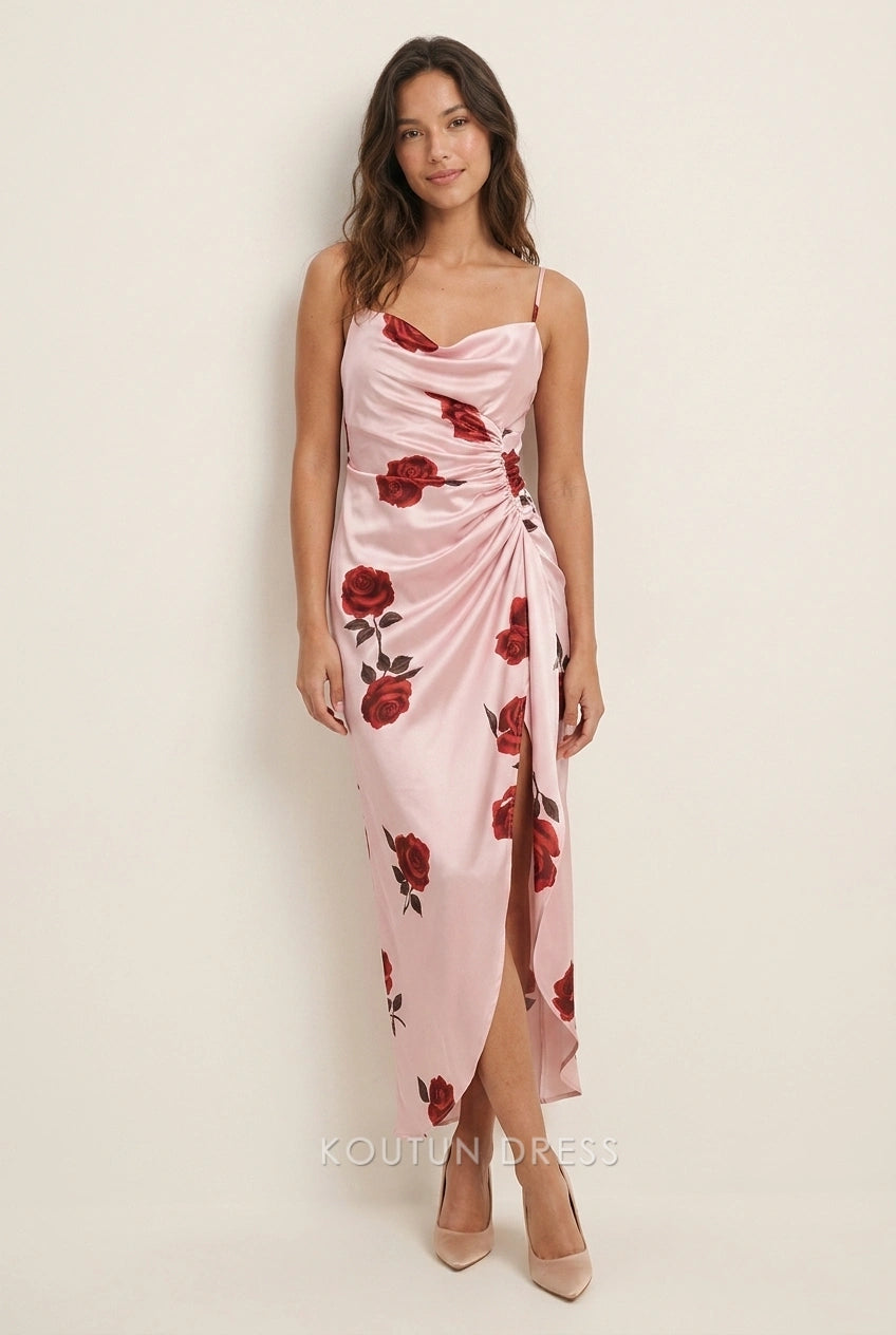 Elegant Draped Cowl Neck Ruched Floral Pink Midi Prom Dresses