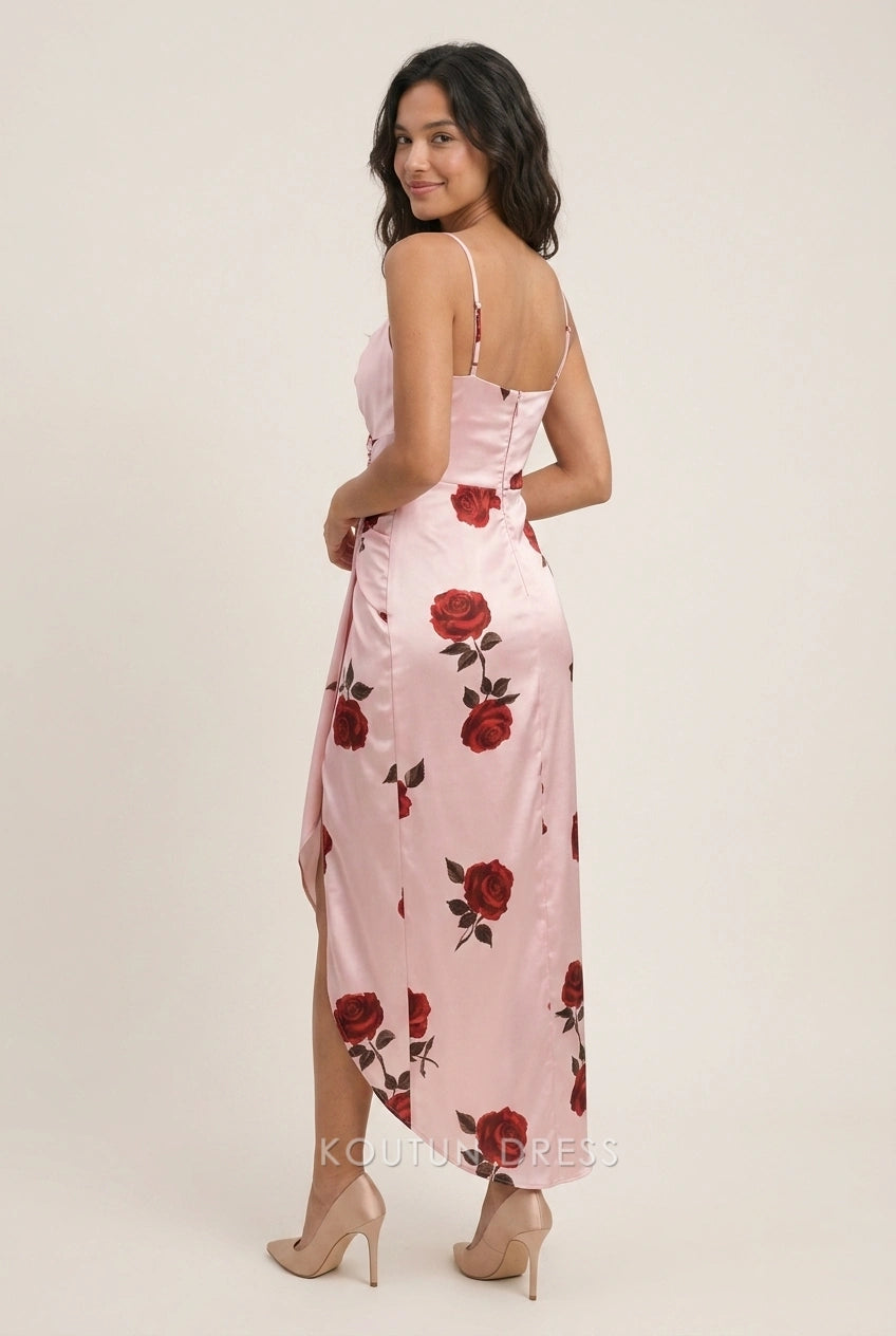 Elegant Draped Cowl Neck Ruched Floral Pink Midi Prom Dresses