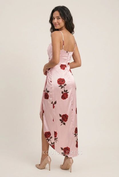 Elegant Draped Cowl Neck Ruched Floral Pink Midi Prom Dresses