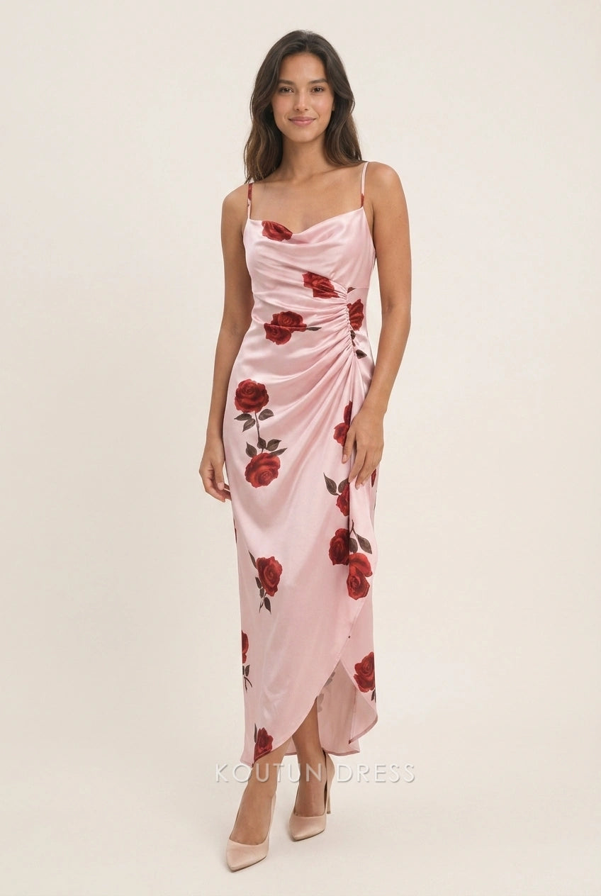 Elegant Draped Cowl Neck Ruched Floral Pink Midi Prom Dresses