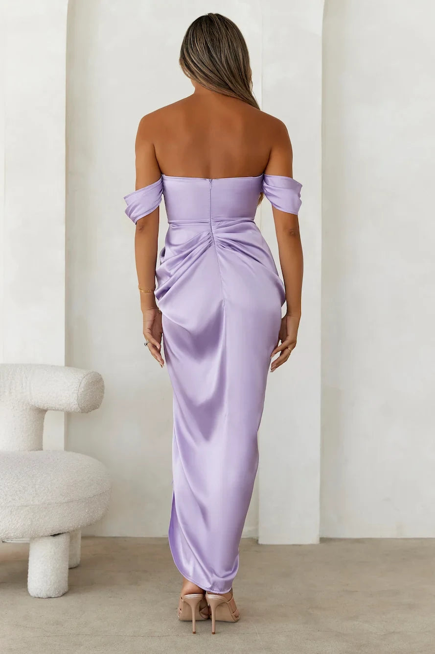 Elegant Draped Off-Shoulder Ruched Slit Lavender Midi Prom Dresses Women's Gown