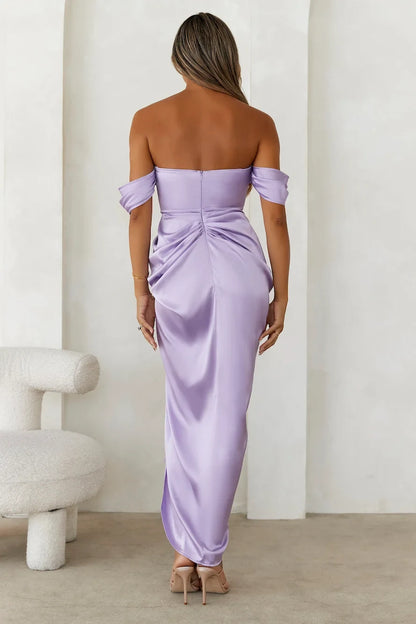 Elegant Draped Off-Shoulder Ruched Slit Lavender Midi Prom Dresses Women's Gown