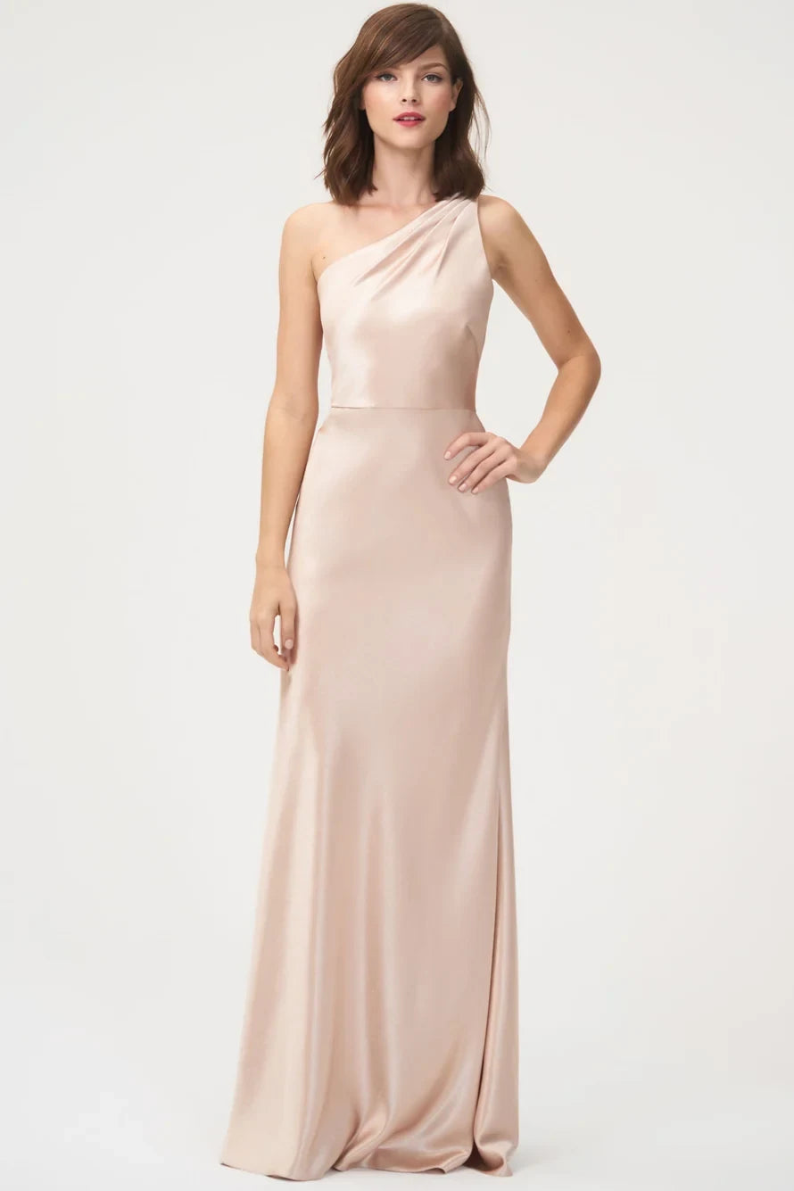 Elegant Draped One-Shoulder Blush Pink Floor-Length Bridesmaid Dress Gown