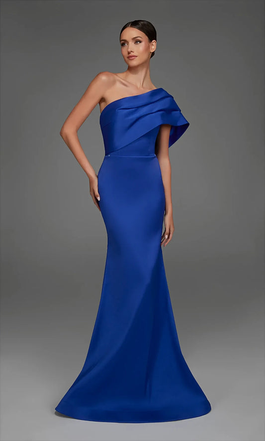 Elegant Draped One-Shoulder Royal Blue Floor-Length Mermaid Mother of the Bride Gown