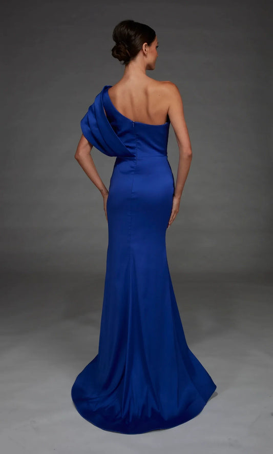 Elegant Draped One-Shoulder Royal Blue Floor-Length Mermaid Mother of the Bride Gown