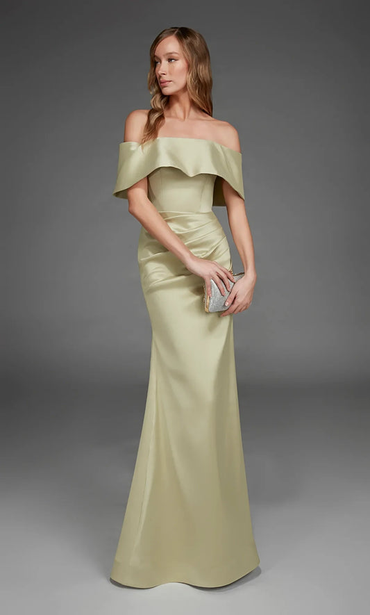 Elegant Draped Sheath Off-Shoulder Sage Floor-Length Mother of the Bride Gown