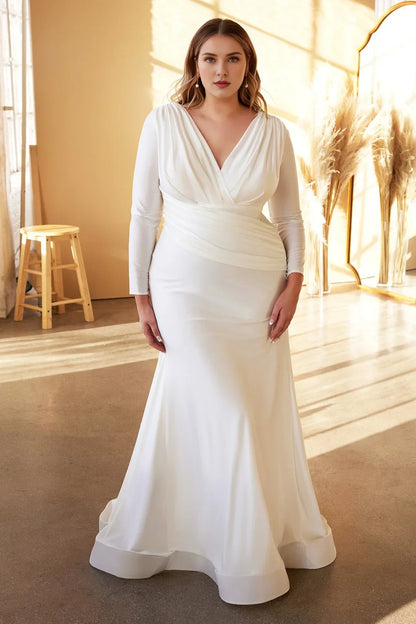 Elegant Draped V-Neck Long Sleeve Ivory Mermaid Wedding Gown