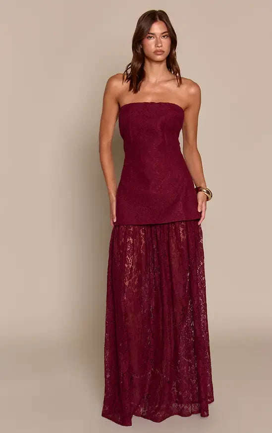 Elegant Drop-Waist Strapless Sleeveless Tiered Gathered Burgundy Maxi Evening Dresses Women