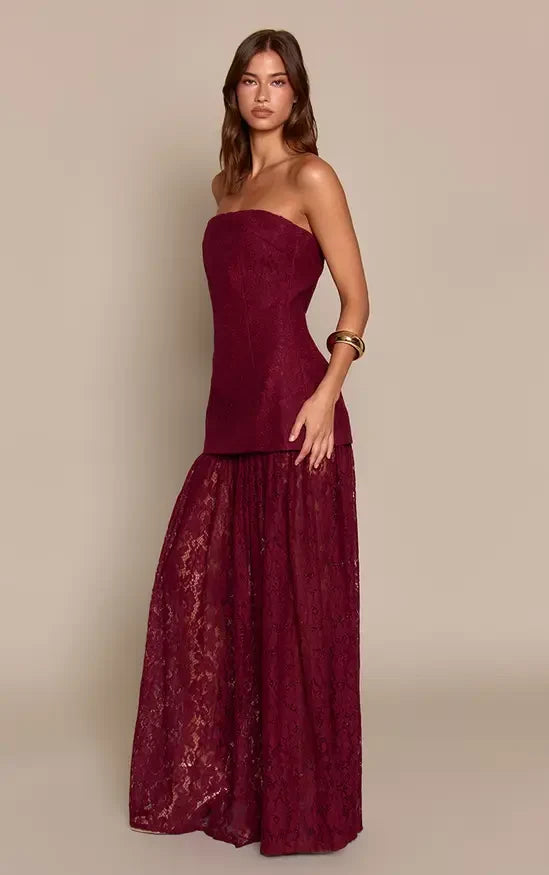 Elegant Drop-Waist Strapless Sleeveless Tiered Gathered Burgundy Maxi Evening Dresses Women