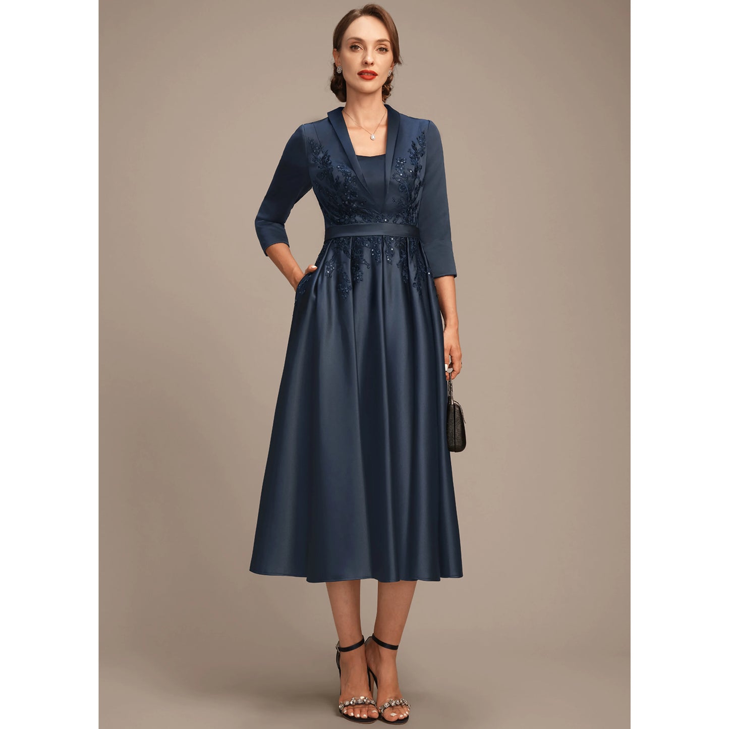 Elegant Embellished A-Line Navy Blue Midi Mother of the Bride Dress