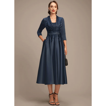 Elegant Embellished A-Line Navy Blue Midi Mother of the Bride Dress