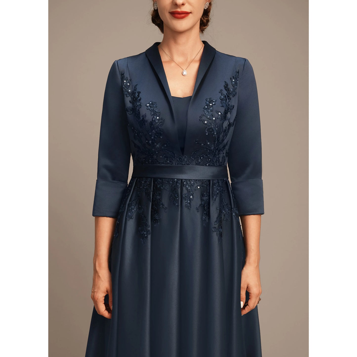 Elegant Embellished A-Line Navy Blue Midi Mother of the Bride Dress