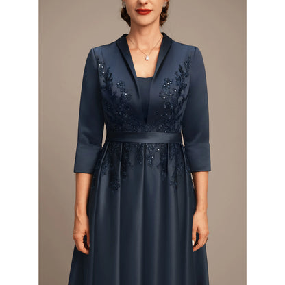 Elegant Embellished A-Line Navy Blue Midi Mother of the Bride Dress