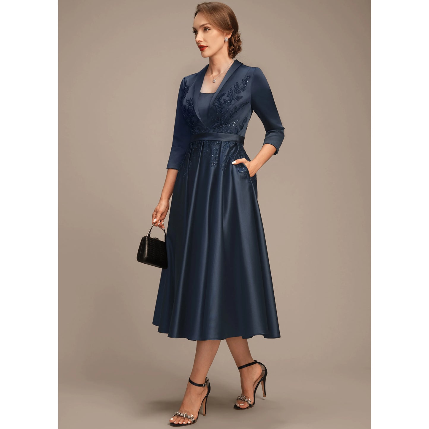 Elegant Embellished A-Line Navy Blue Midi Mother of the Bride Dress
