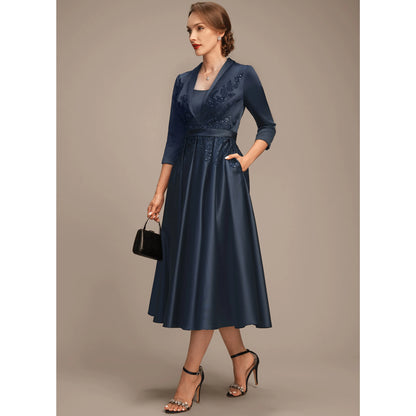 Elegant Embellished A-Line Navy Blue Midi Mother of the Bride Dress