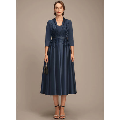 Elegant Embellished A-Line Navy Blue Midi Mother of the Bride Dress