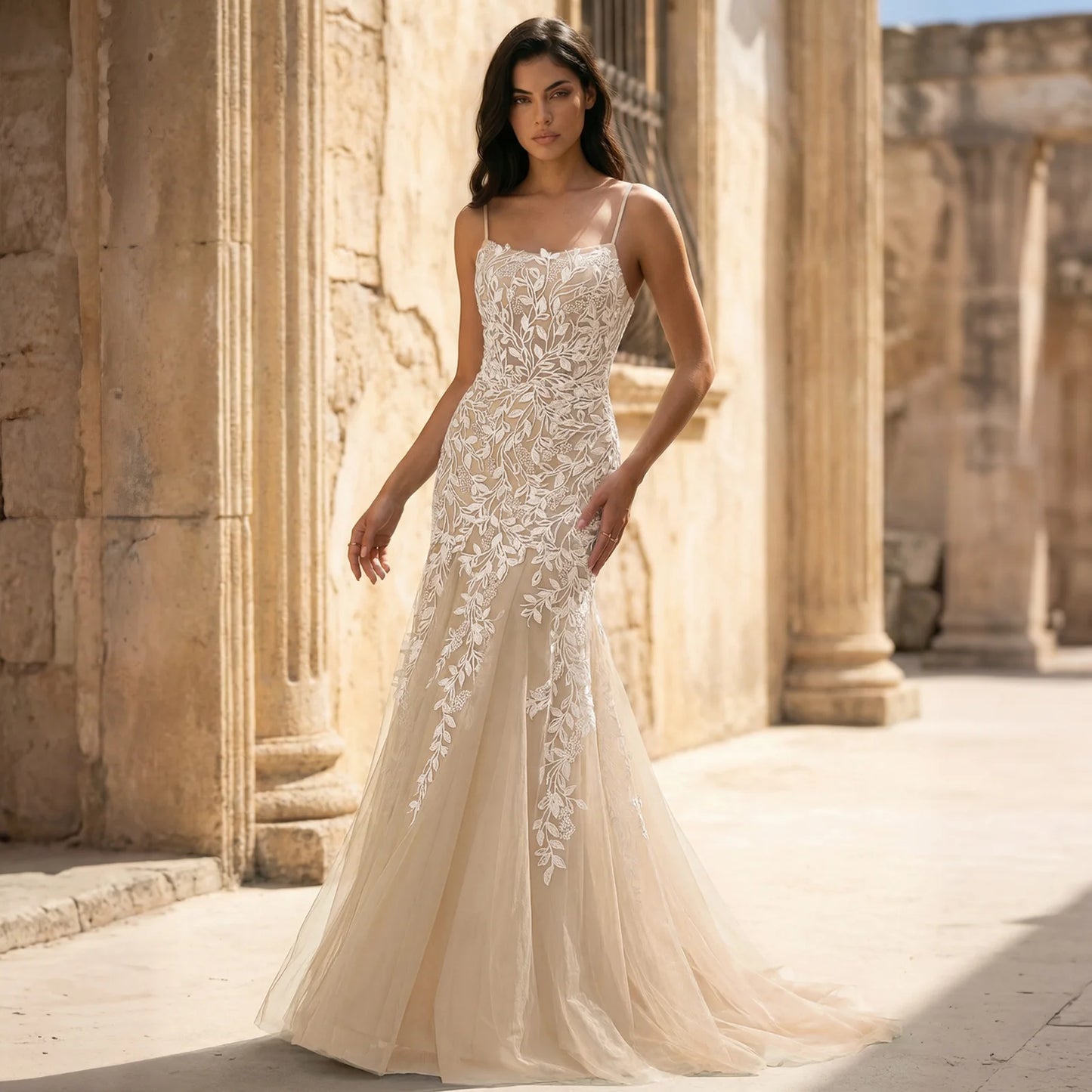 Elegant Fit-and-Flare Sweetheart Sleeveless Embroidered Champagne Floor-Length Prom Dress Gown