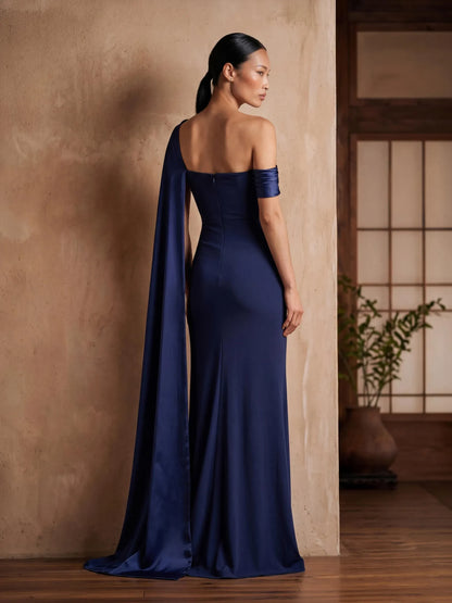 Elegant Fitted Asymmetrical Sleeveless Cape Slit Navy Maxi Evening Dresses Women Gown