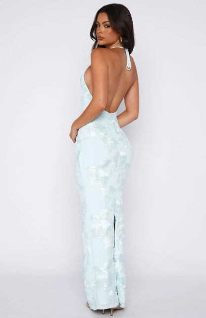 Elegant Fitted Halter Sleeveless Backless Sequin Light Blue Floor-Length Prom Gown
