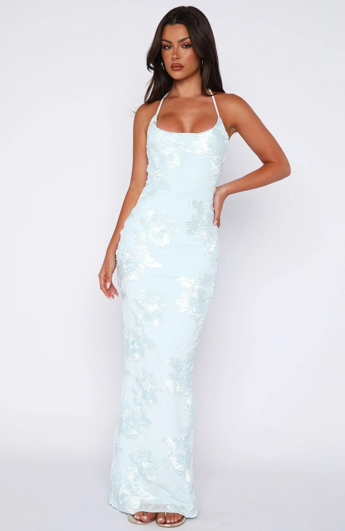 Elegant Fitted Halter Sleeveless Backless Sequin Light Blue Floor-Length Prom Gown