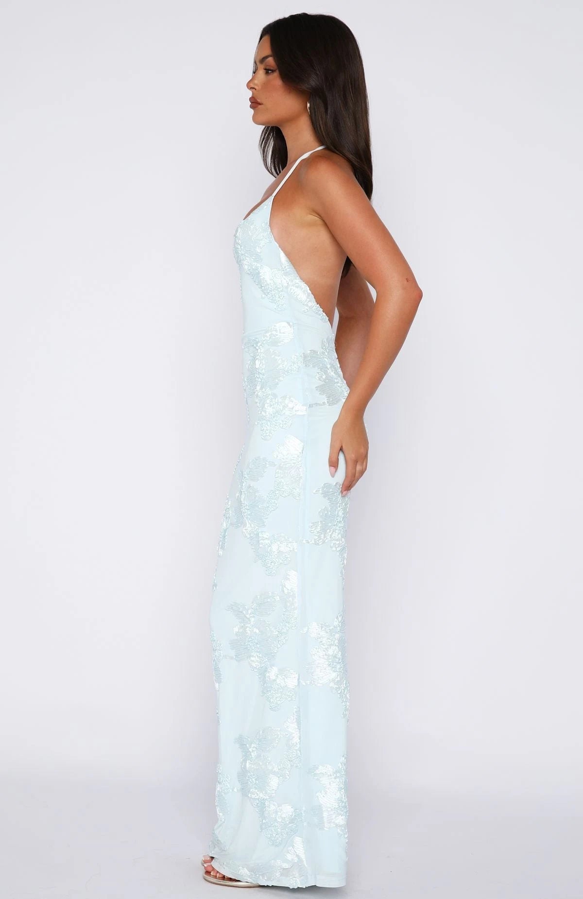 Elegant Fitted Halter Sleeveless Backless Sequin Light Blue Floor-Length Prom Gown