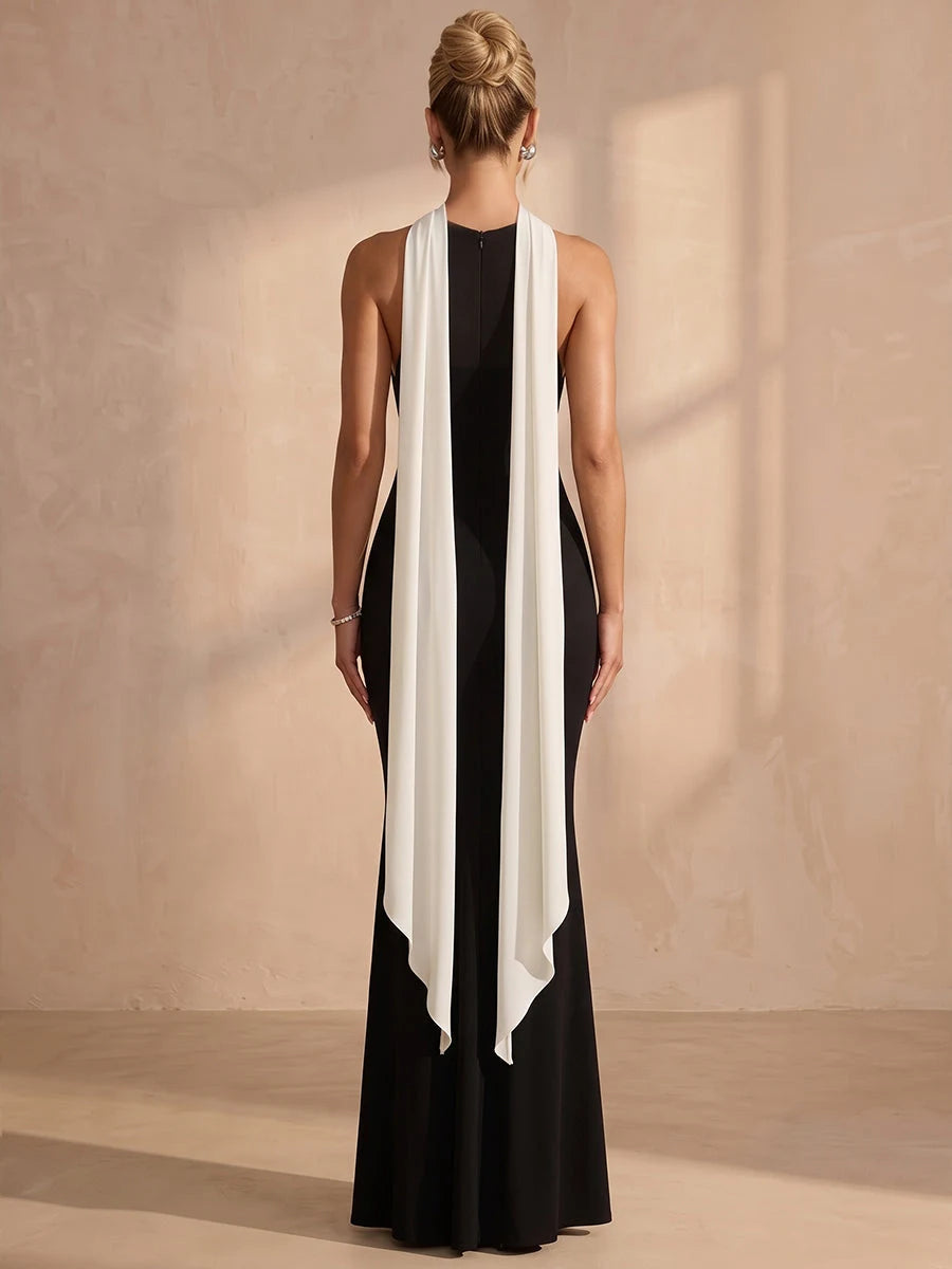 Elegant Fitted Halter Sleeveless Contrast Scarf Black Long Prom Dresses Women