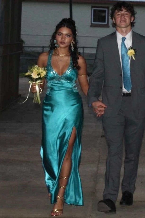 Elegant Fitted Halter Sleeveless Cutout Beaded Turquoise Long Prom Dresses Gown