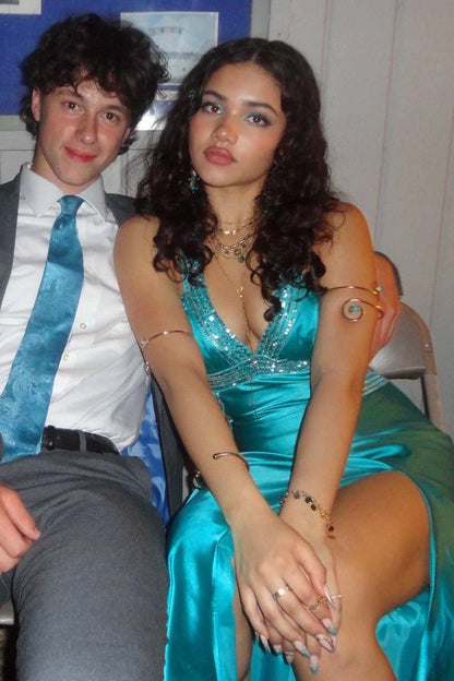 Elegant Fitted Halter Sleeveless Cutout Beaded Turquoise Long Prom Dresses Gown