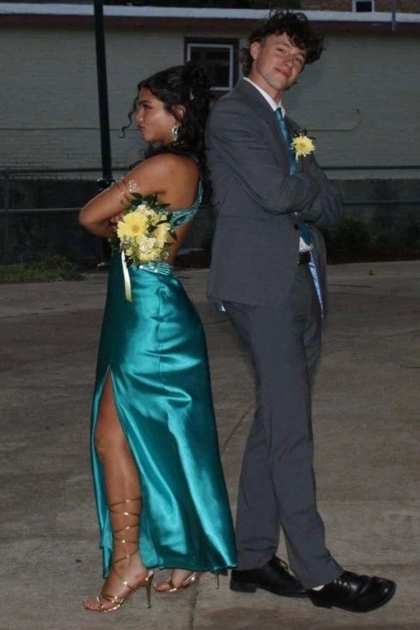 Elegant Fitted Halter Sleeveless Cutout Beaded Turquoise Long Prom Dresses Gown