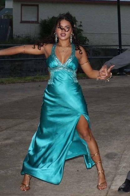 Elegant Fitted Halter Sleeveless Cutout Beaded Turquoise Long Prom Dresses Gown