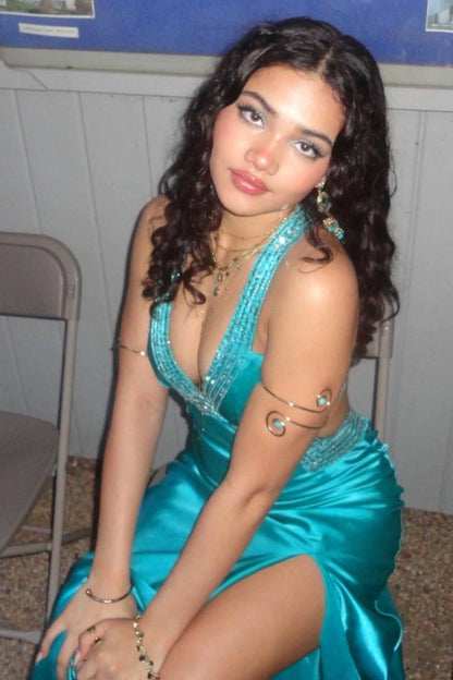 Elegant Fitted Halter Sleeveless Cutout Beaded Turquoise Long Prom Dresses Gown