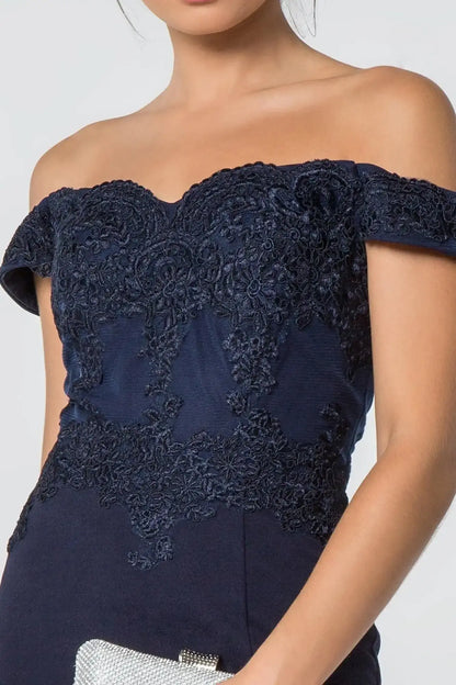 Elegant Fitted Off-Shoulder Sweetheart Lace Applique Navy Blue Floor-Length Mother of the Bride Gown
