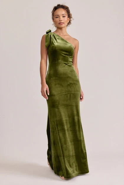 Elegant Fitted One-Shoulder Glamorous Sophisticated Olive Green Floor-Length Bridesmaid Dress