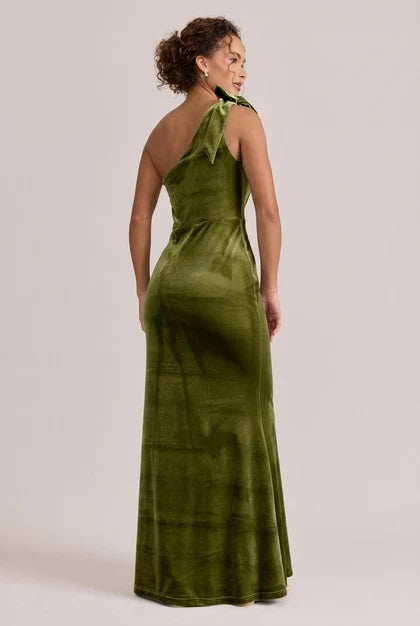 Elegant Fitted One-Shoulder Glamorous Sophisticated Olive Green Floor-Length Bridesmaid Dress