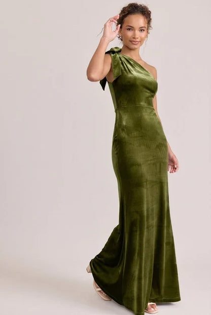 Elegant Fitted One-Shoulder Glamorous Sophisticated Olive Green Floor-Length Bridesmaid Dress