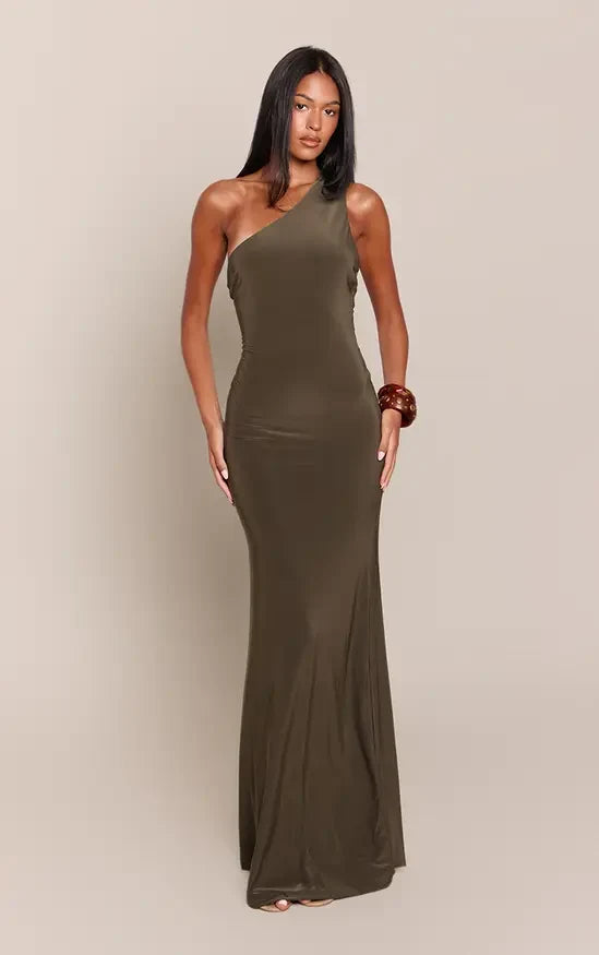 Elegant Fitted One-Shoulder Sleeveless Backless Draped Olive Maxi Evening Dresses Women