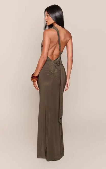 Elegant Fitted One-Shoulder Sleeveless Backless Draped Olive Maxi Evening Dresses Women