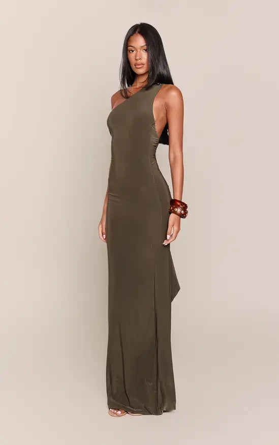 Elegant Fitted One-Shoulder Sleeveless Backless Draped Olive Maxi Evening Dresses Women