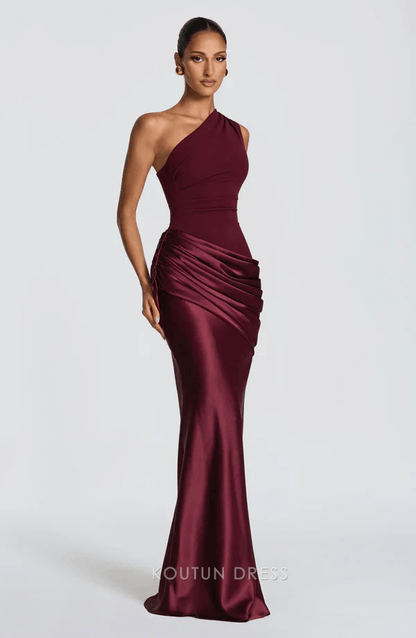 Elegant Fitted One-Shoulder Sleeveless Ruched Burgundy Floor-Length Prom Dresses Women's Gown