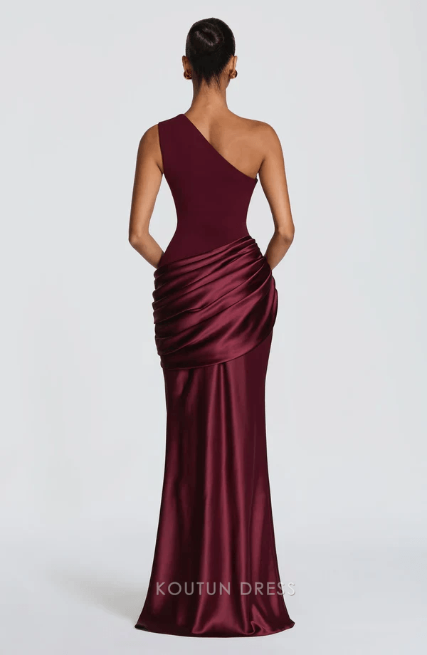 Elegant Fitted One-Shoulder Sleeveless Ruched Burgundy Floor-Length Prom Dresses Women's Gown